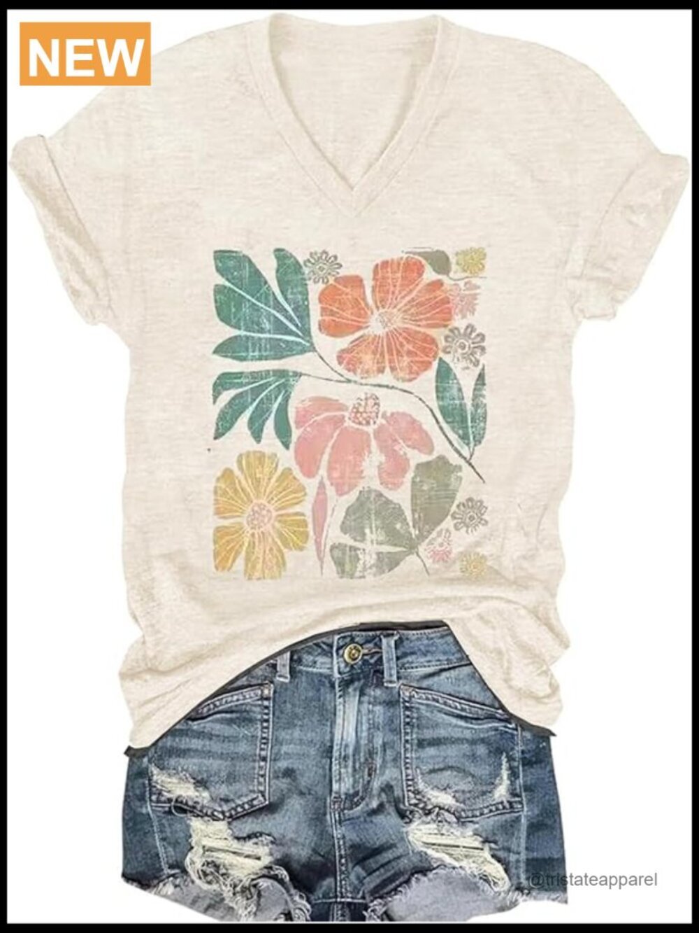 Vintage Boho Floral Graphic Tee V-Neck Short Sleeve T-Shirt